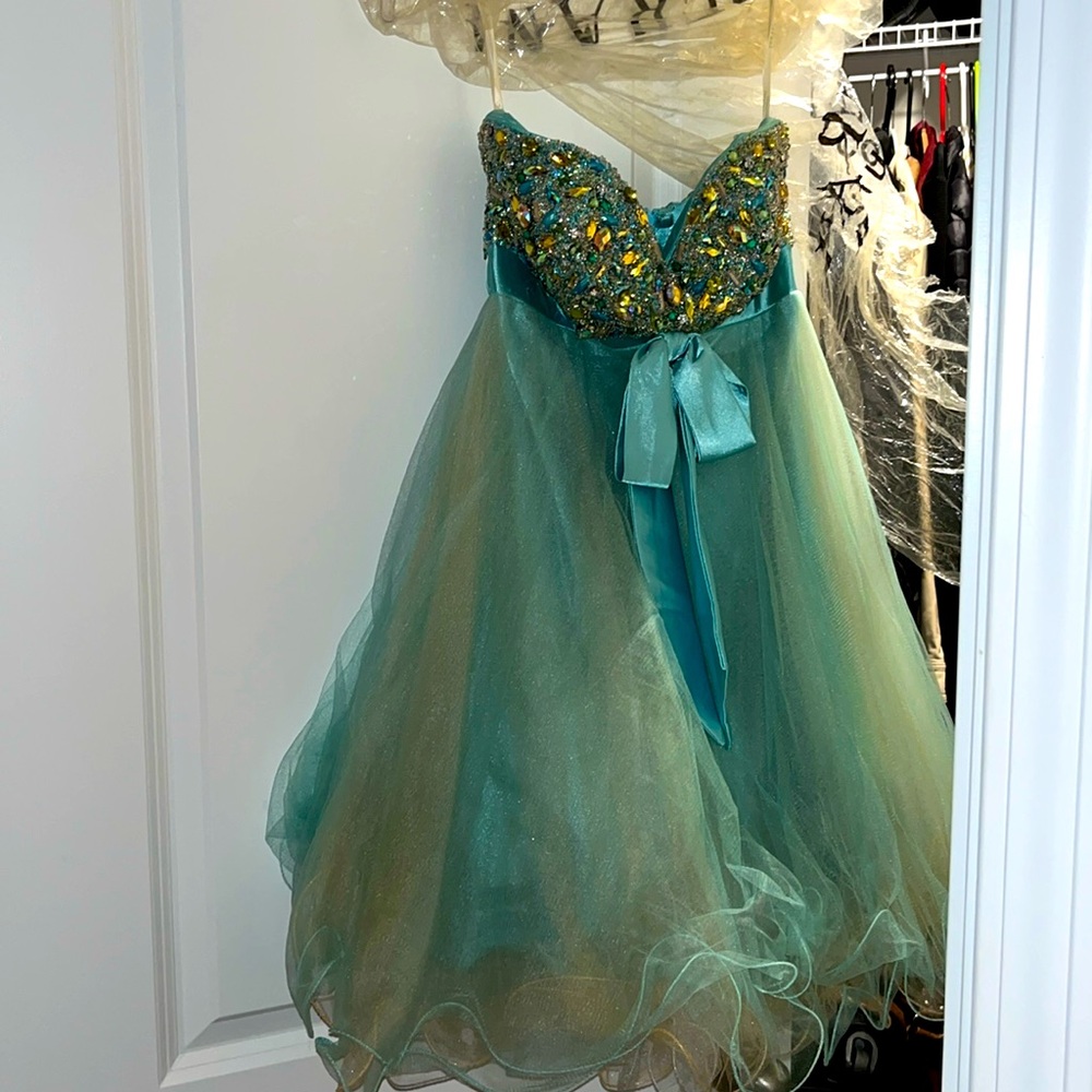 Aqua blue puffy rhinestone halter dress